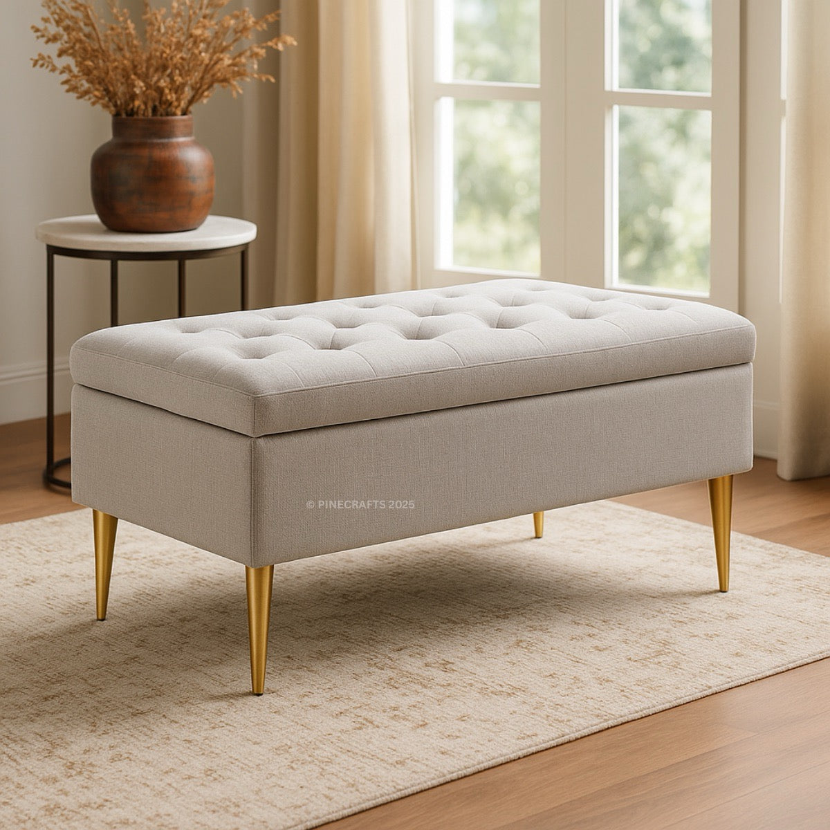 Beige tufted bench with gold legs in a room with a window and small table.